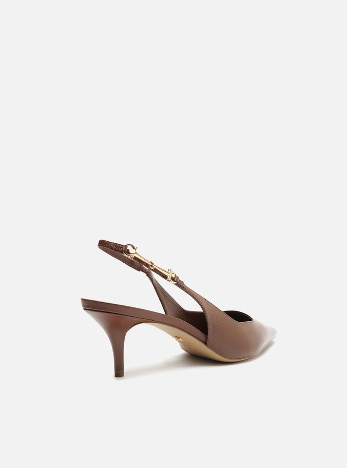Scarpin Marrom Couro Slingback Detalhe Metal