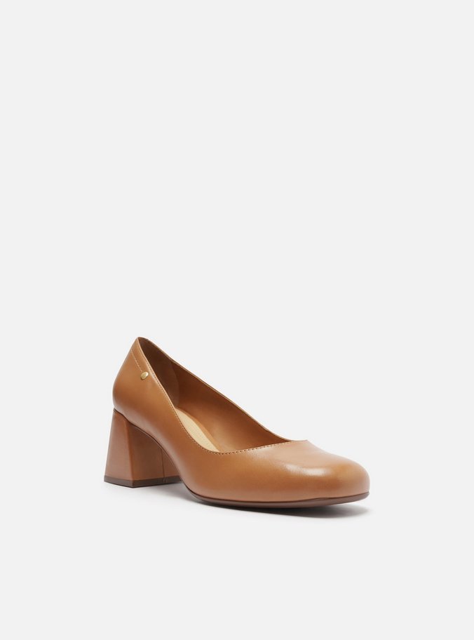 Scarpin Marrom Couro Salto Bloco Bico Quadrado