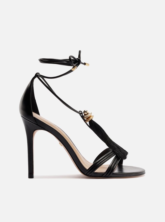 Sandália Preta Salto Fino Amarração Franja