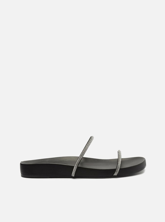Sandália Rasteira Preta Tiras Strass Minimal
