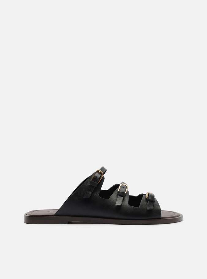 Sandália Rasteira Preta Couro Tiras Fivelas