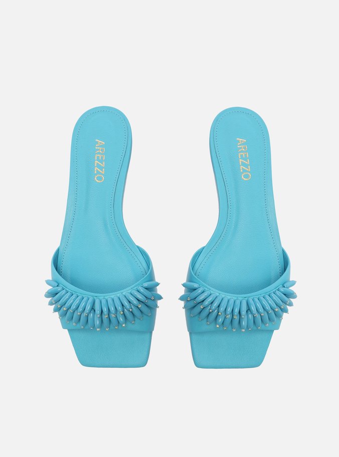 Rasteira Azul Couro Flat Aplicações