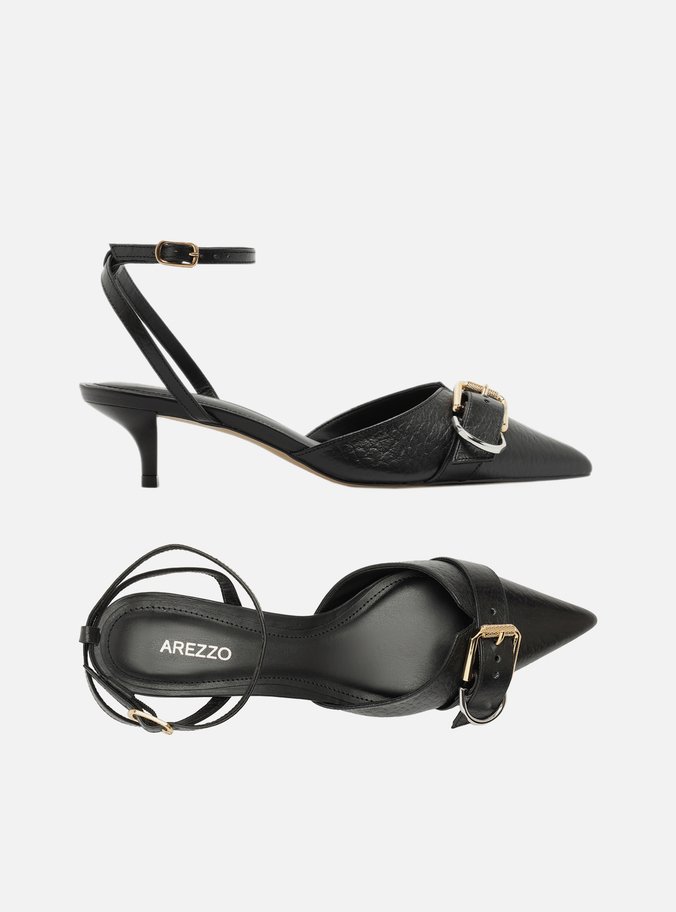 Scarpin Preto Couro Salto Kitten Aberto Fivela