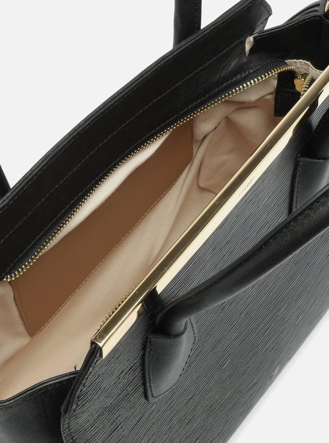Bolsa Tote Preta Couro Textura Grande Metal