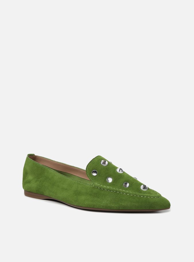 Mocassim Verde Couro Salto Rasteiro Strass