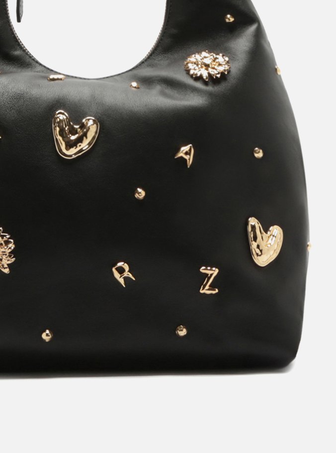 Bolsa Hobo Preta Couro Grande Metais Fun