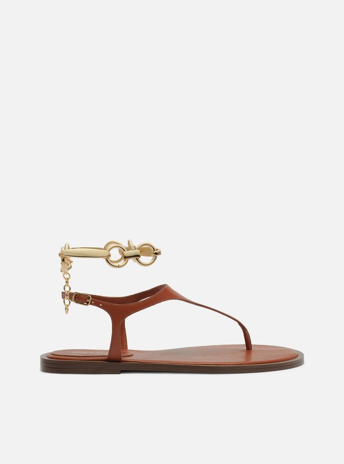 Sandália Rasteira Marrom Couro Thong Tornozeleira