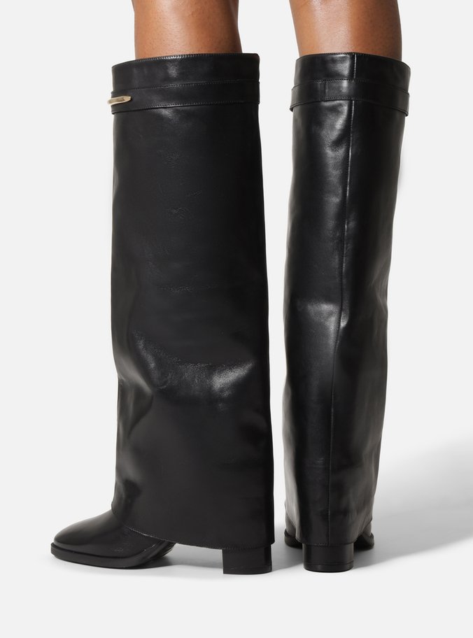 Bota Preta Couro Cano Alto Polaina Salto Bloco