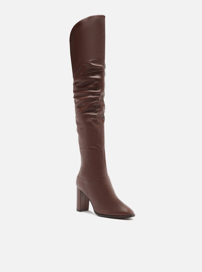 Bota Over The Knee Marrom Couro Salto Alto