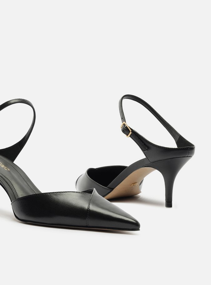 Mule Preta Couro Salto Kitten Tira Instep