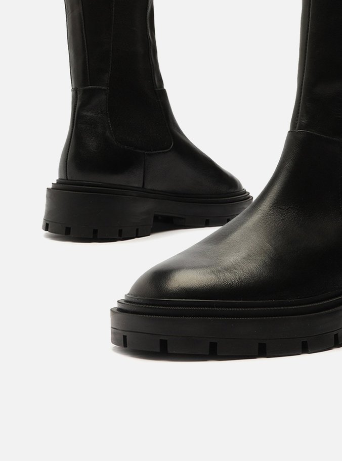 Bota Preta Couro Cano Longo Elástico