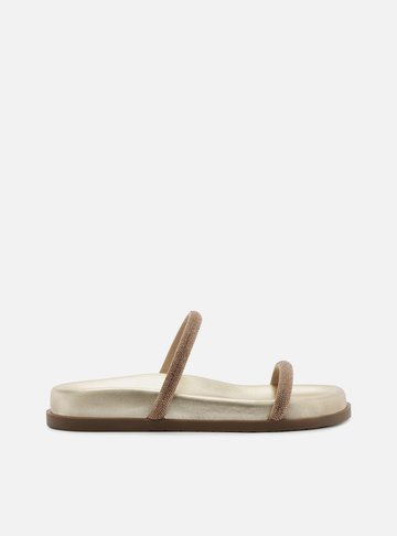 Sandália Rasteira Dourada Tiras Finas Strass