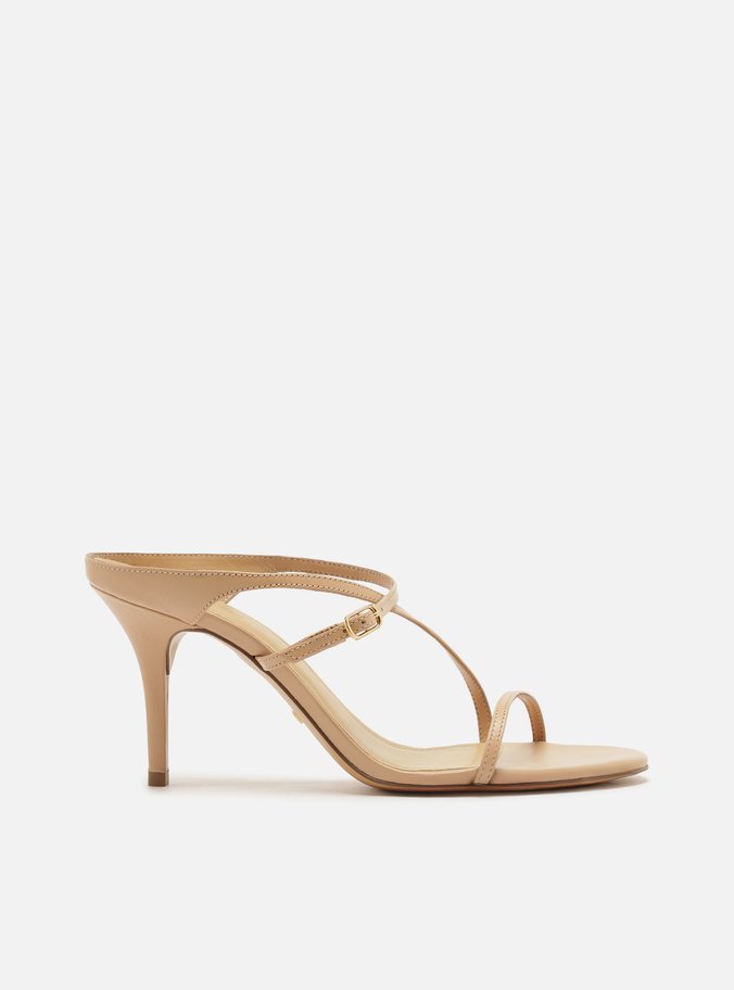 Sandália Bege Salto Médio Fino Tiras Cruzadas