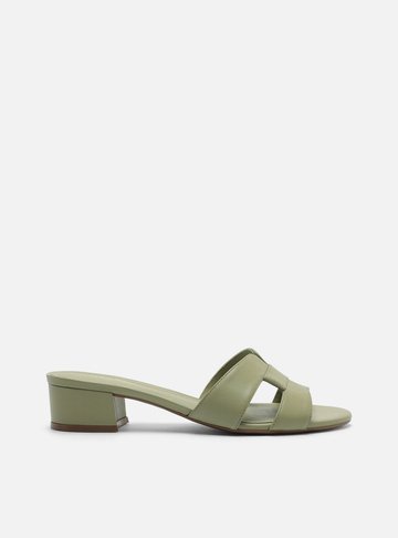 Tamanco Verde Couro Salto Bloco Tira Vazada