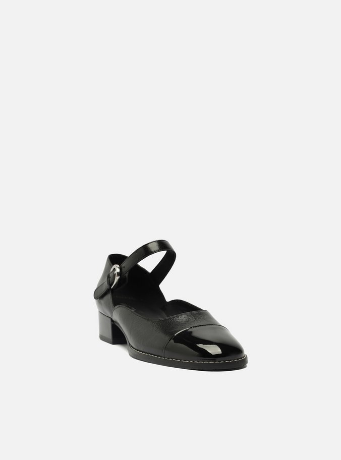Sapato Boneca Preto Couro Bloco Cap Toe