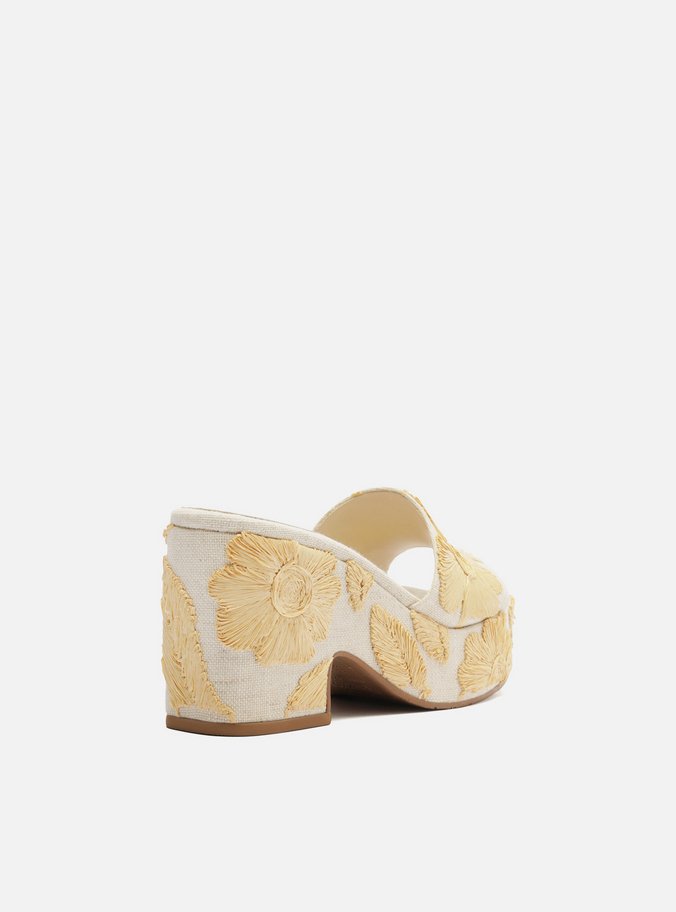 Tamanco Branco Linho Plataforma Bordado Floral