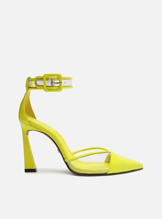 Scarpin Amarelo Couro Salto Alto Bico Fino Vinil