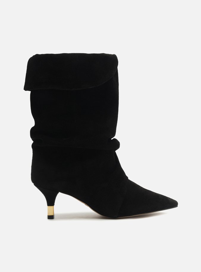 Bota Preta Suede Cano Médio Salto Fino Slouch
