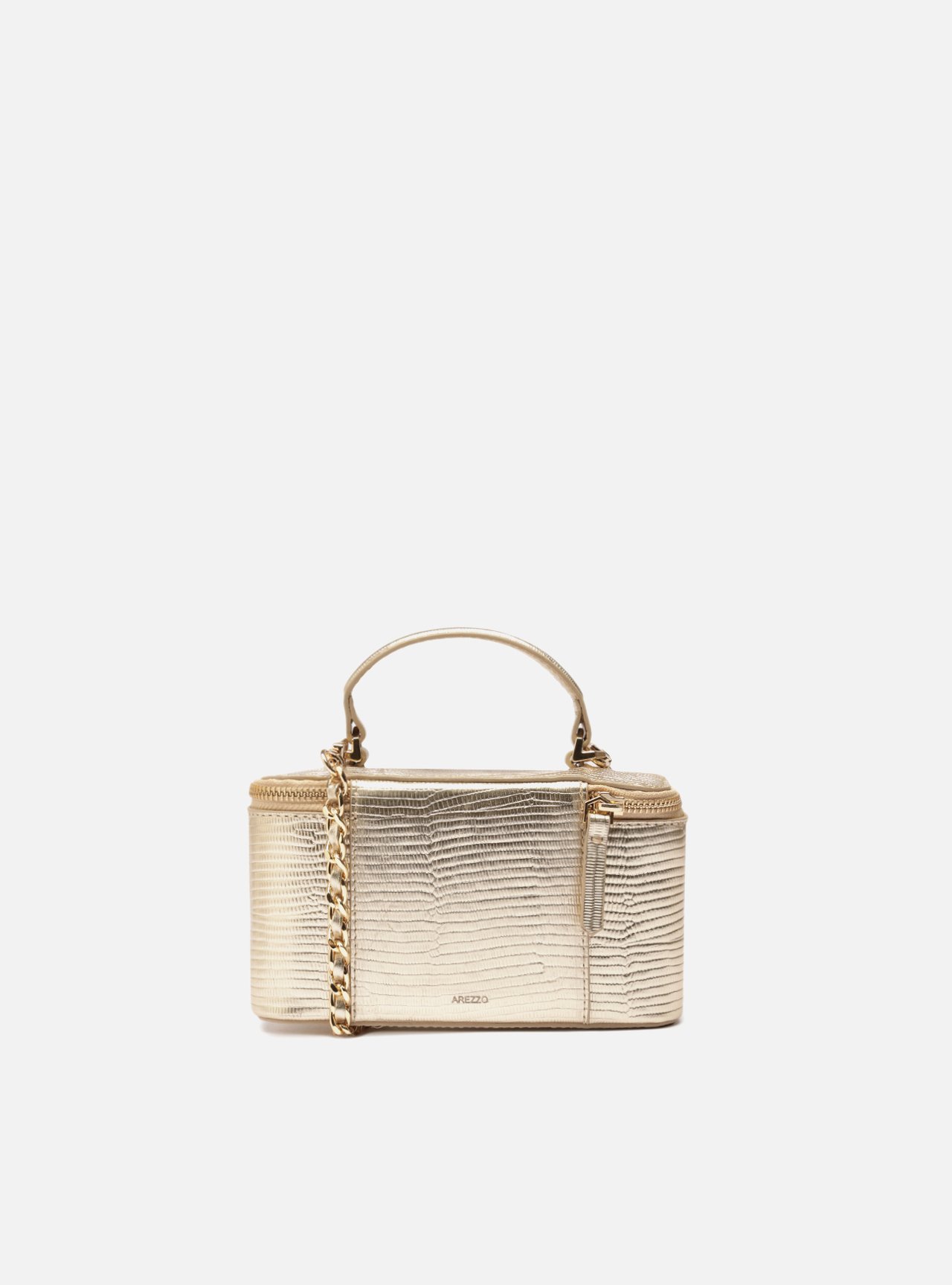 Bolsa Tiracolo Dourada Couro Pequena Croco Corrente — foto 3