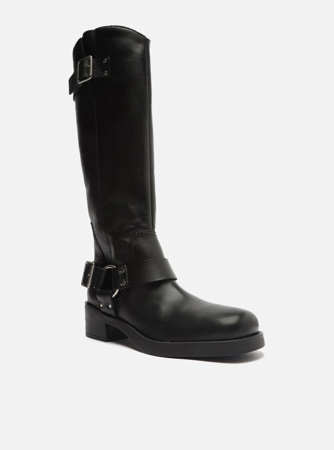 Bota Preta Couro Cano Longo Fivelas
