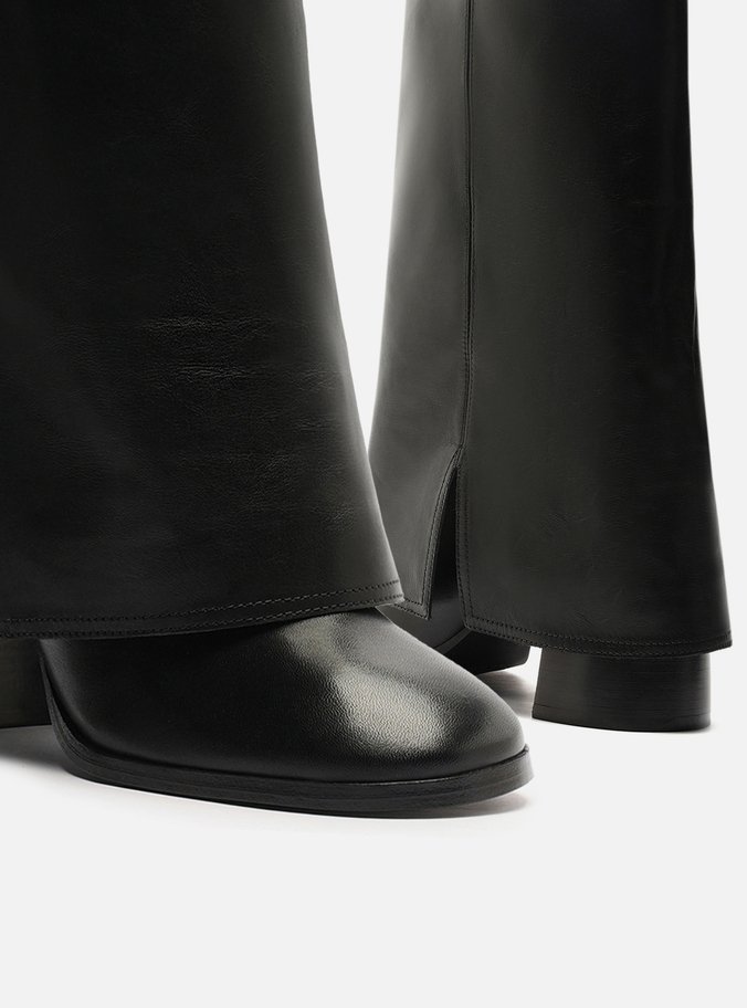 Bota Preta Couro Cano Médio Bloco Polaina