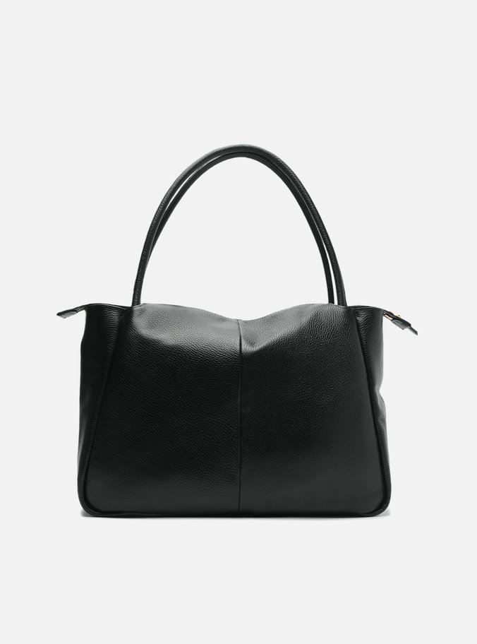 Bolsa Shopping Preta Couro Grande Tag Metal