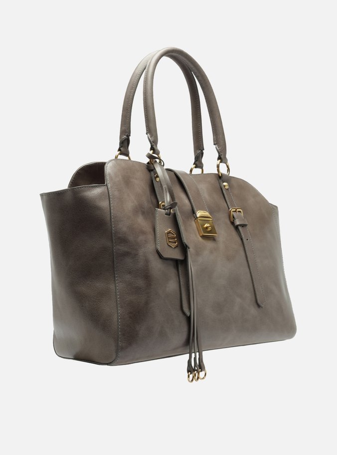 Bolsa Tote Cinza Couro Estonado Grande Metal