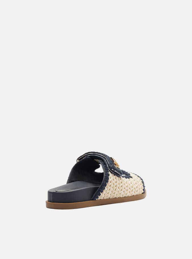 Sandália Papete Azul Crochê Cru Velcro