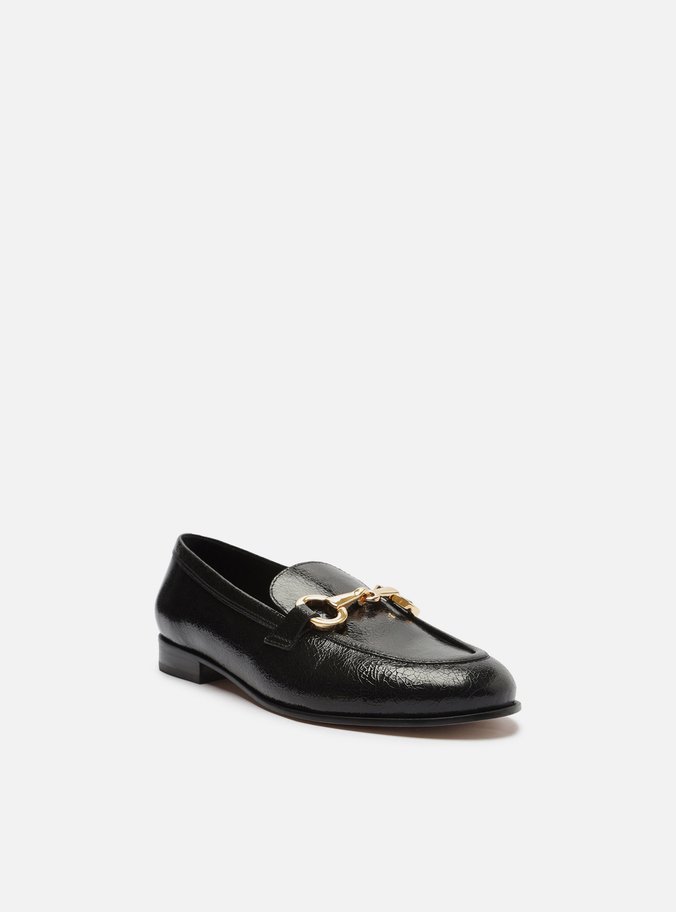 Mocassim Preto Couro Shine Bridão Dourado