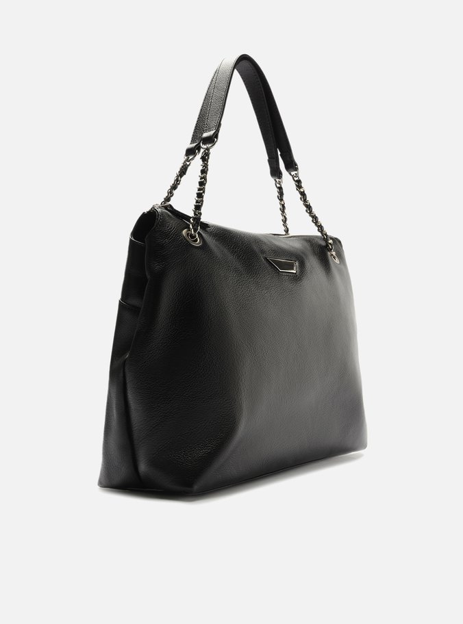 Bolsa Shopping Preta Couro Grande Metal