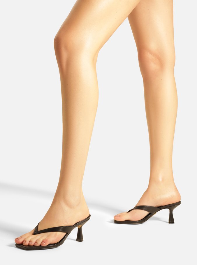 Tamanco Preta Couro Salto Fino Flip Flop