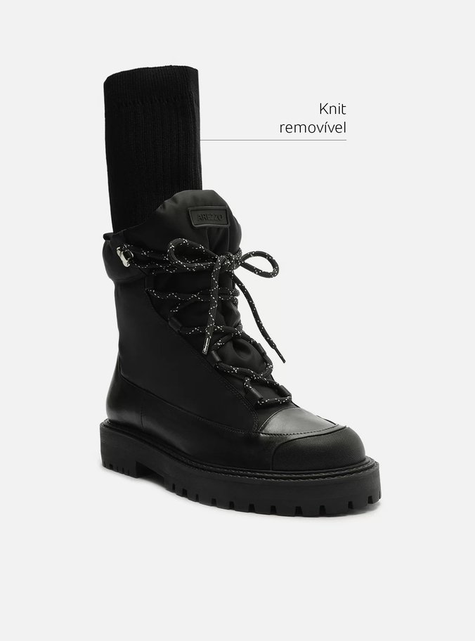 Coturno Preto Couro Knit Cano Médio Tratorado