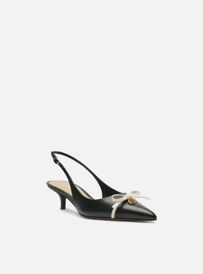 Scarpin Preto Couro Salto Baixo Slingback Laço