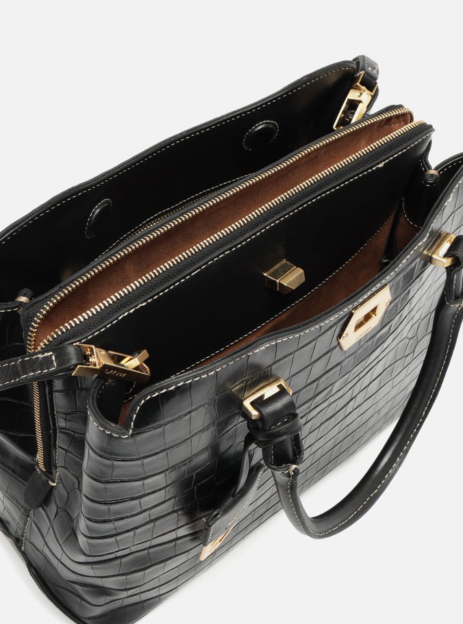 Bolsa Shopping Preta Couro Grande Croco Charm