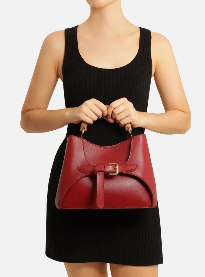 Bolsa Tote Vermelha Couro Média Alça Madeira
