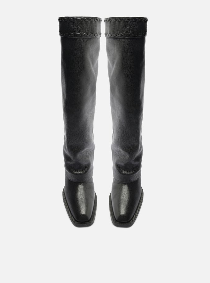 Bota Preta Couro Cano Longo Polaina Folk