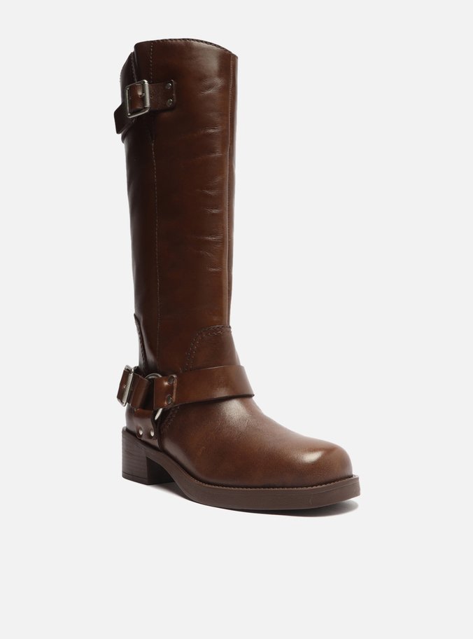 Bota Marrom Couro Cano Longo Fivelas