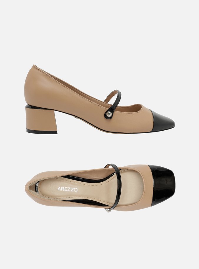 Sapato Boneca Bege Couro Cap Toe Preto