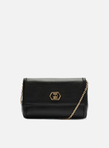 Bolsa Tiracolo Preta Couro Média Encaixe Metal