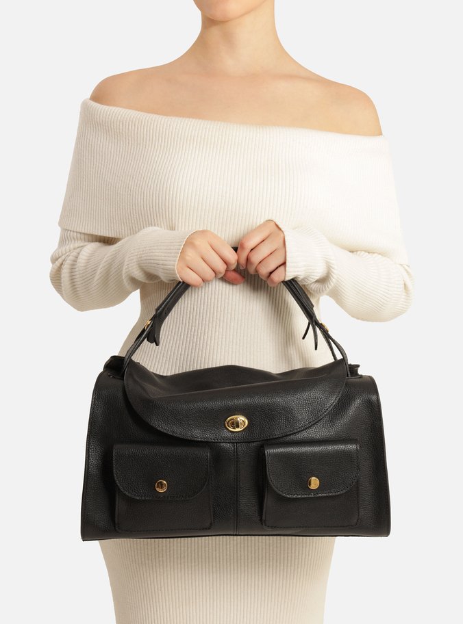 Bolsa Bowling Preta Couro Grande Bolsos Frontais