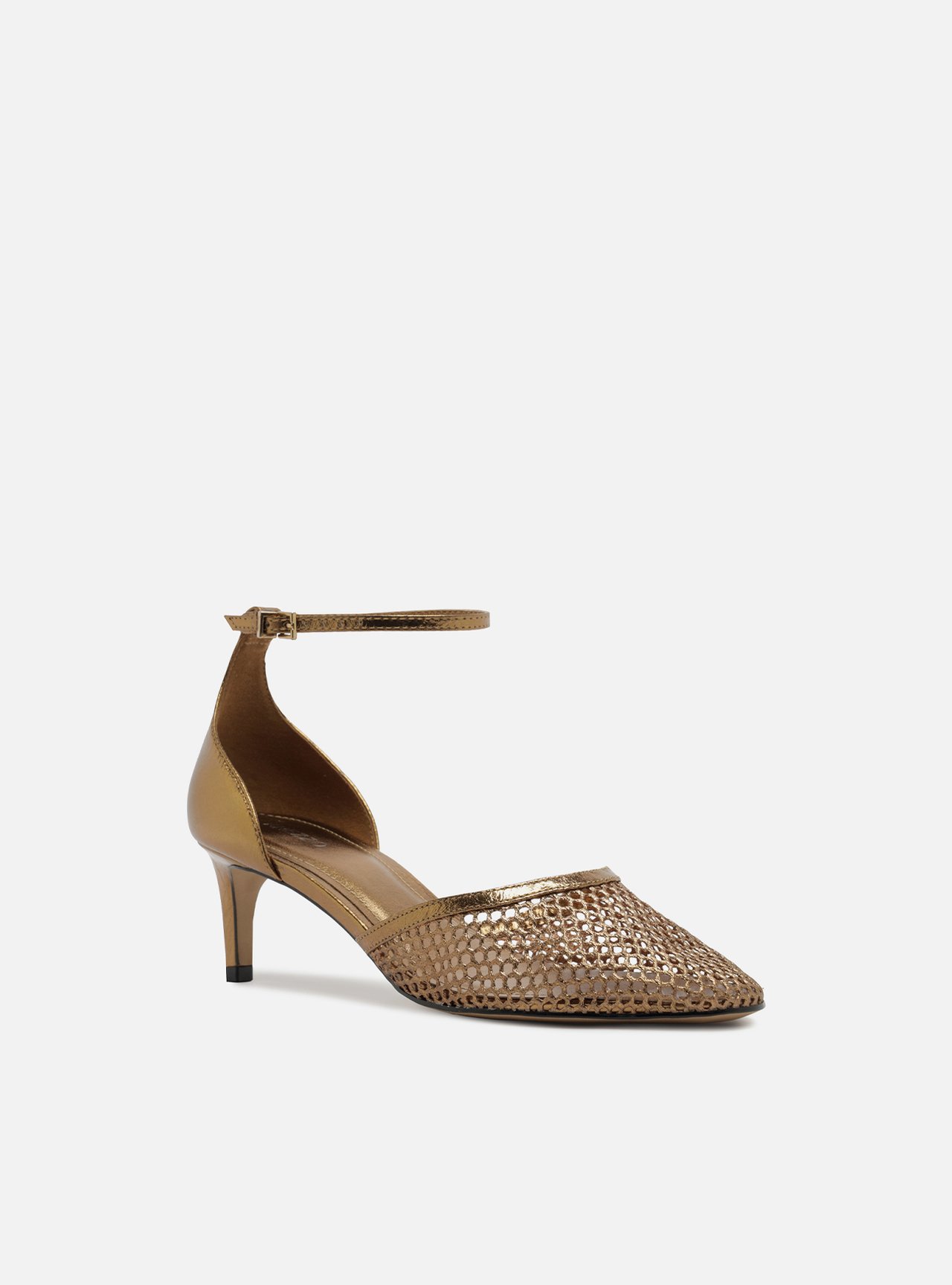 Scarpin Bronze Salto Baixo Fino Aberto Tela — foto 2