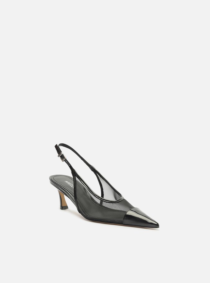 Scarpin Preto Tela Salto Kitten Bico Fino