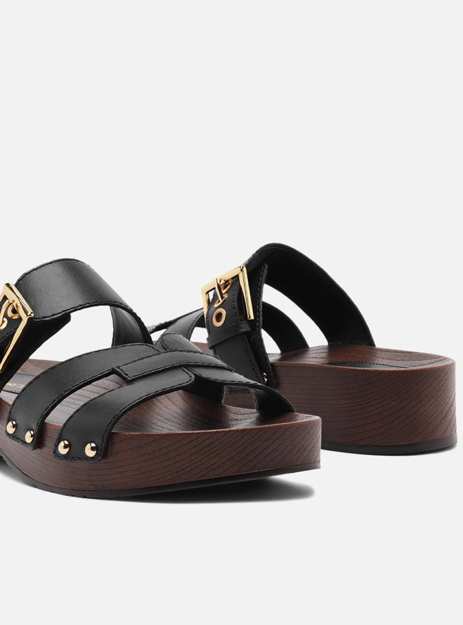 Sandália Clog Preta Couro Flatform Lauren