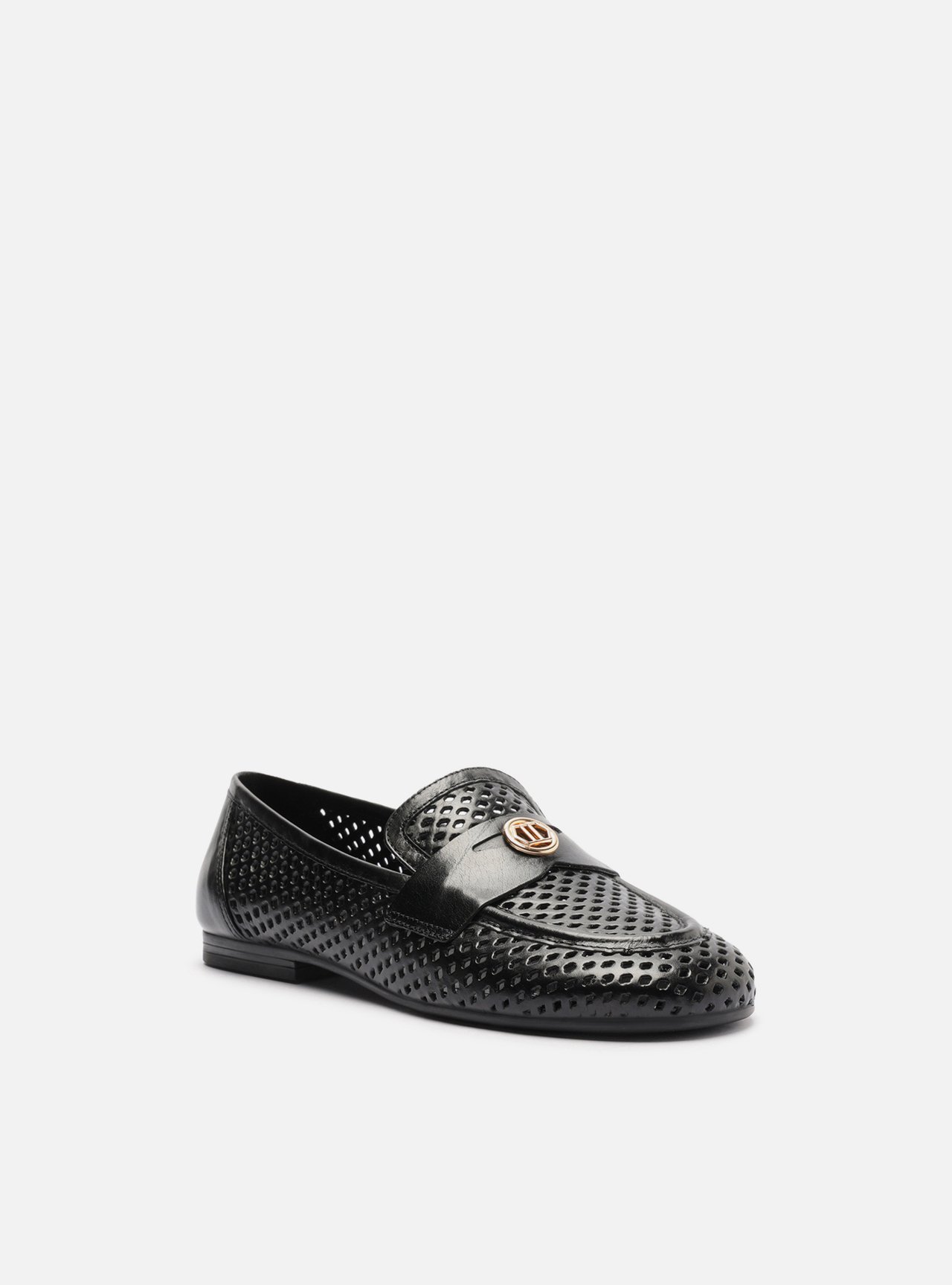 Mocassim Preto Couro Bico Redondo Vazado Metal — foto 2