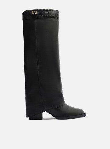 Bota Preta Couro Cano Longo Polaina Folk