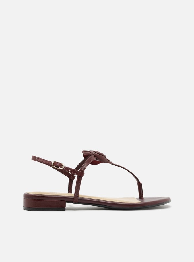 Sandália Marrom Couro Salto Baixo Slim Flor