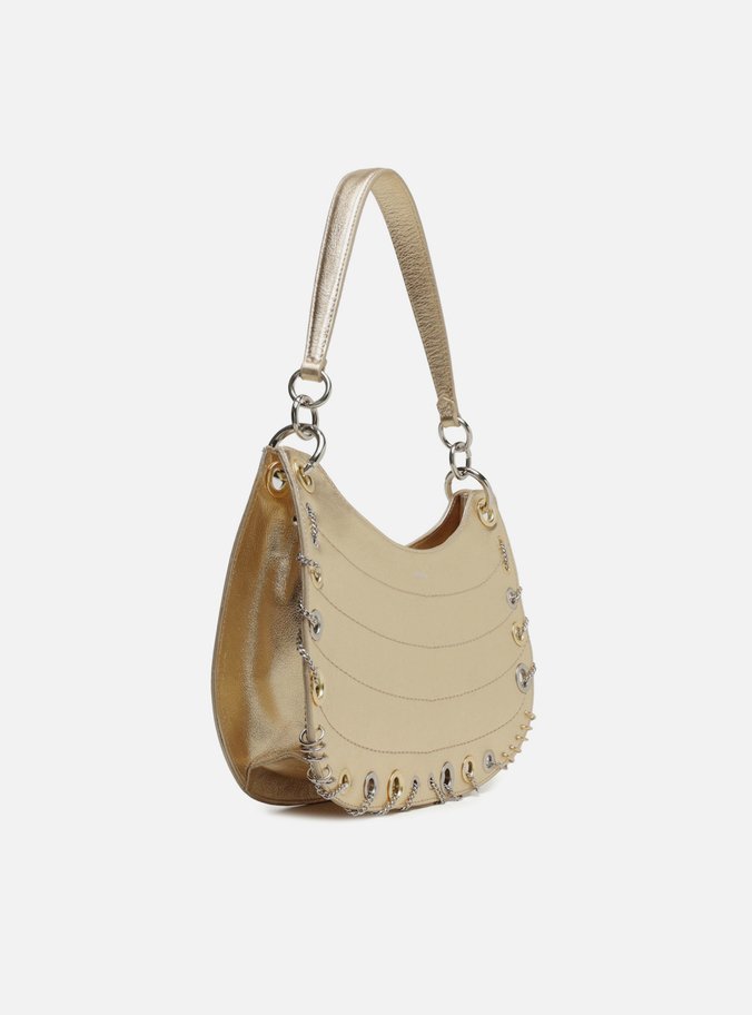 Bolsa Hobo Dourada Couro Média Costuras Metais