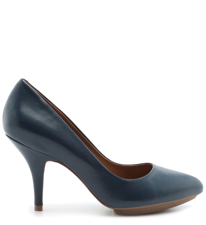 Scarpin Azul Couro Salto Médio Bico Fino Meia Pata