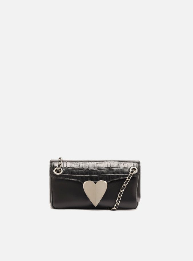 Bolsa Tiracolo Preta Couro Pequena Coração Metal