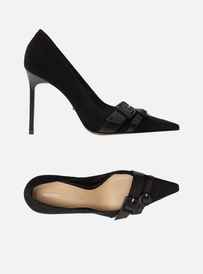 Scarpin Preto Nobuck Bico Fino Fivelas